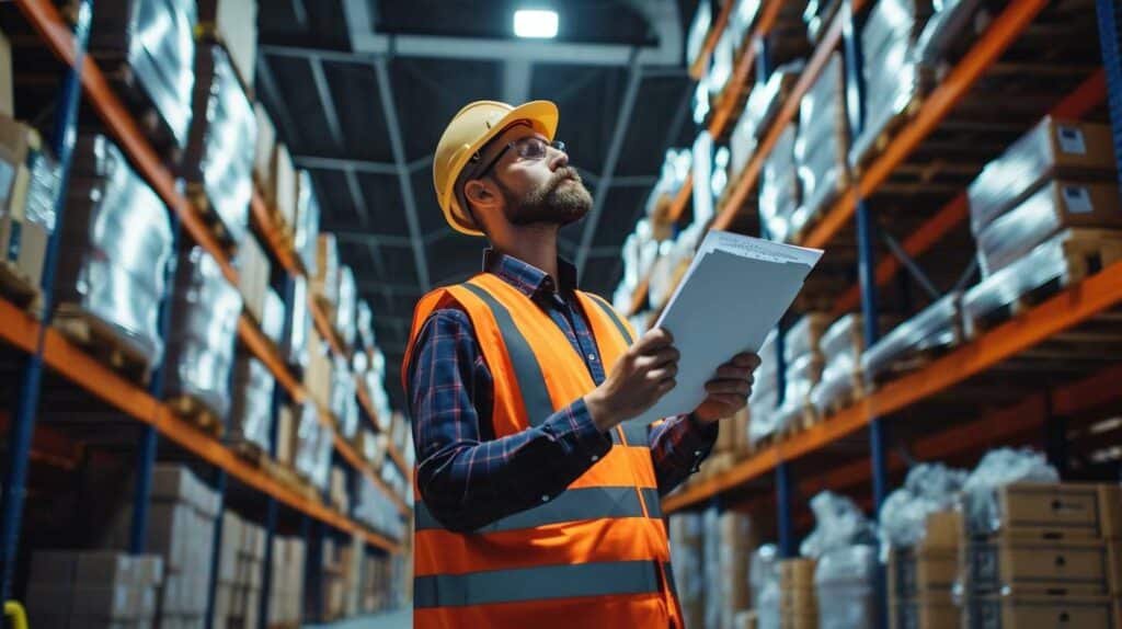 A warehouse worker holding a clipboard in a warehouse.