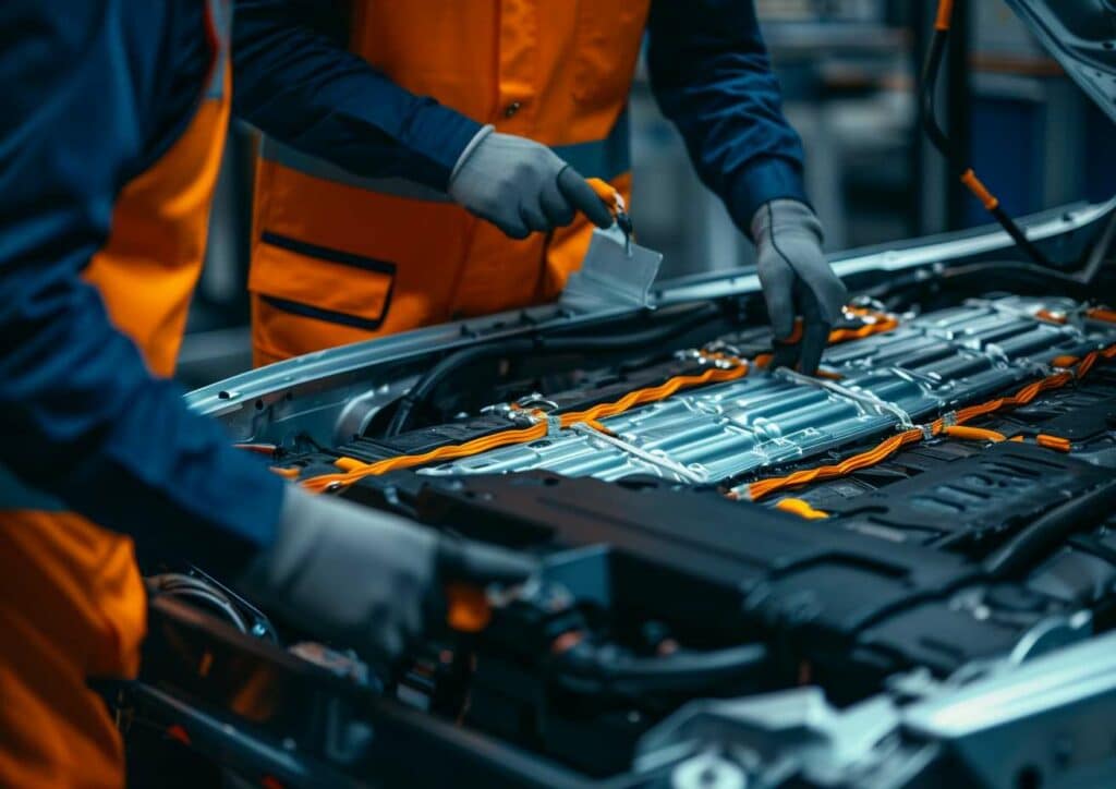 Two men working on the engine of a car in a factory.